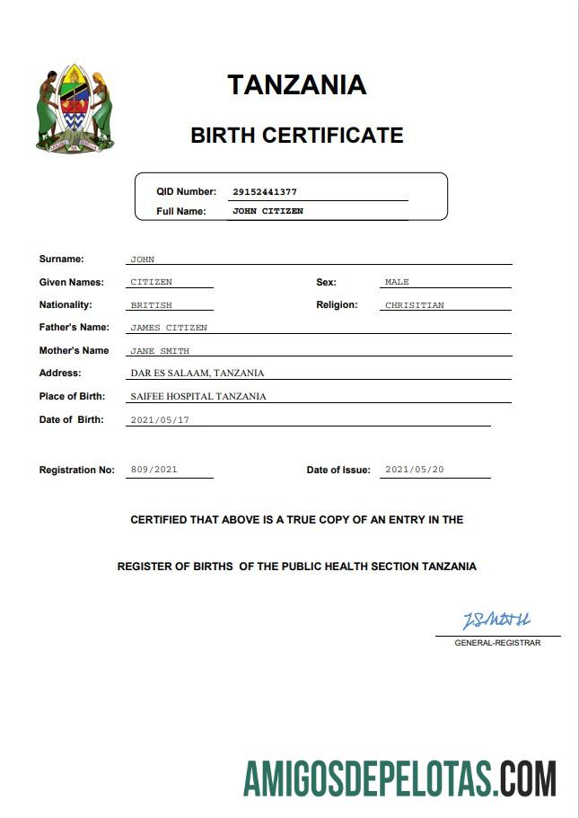 Imprimível modelo Word e PDF de certidão de nascimento da Tanzânia